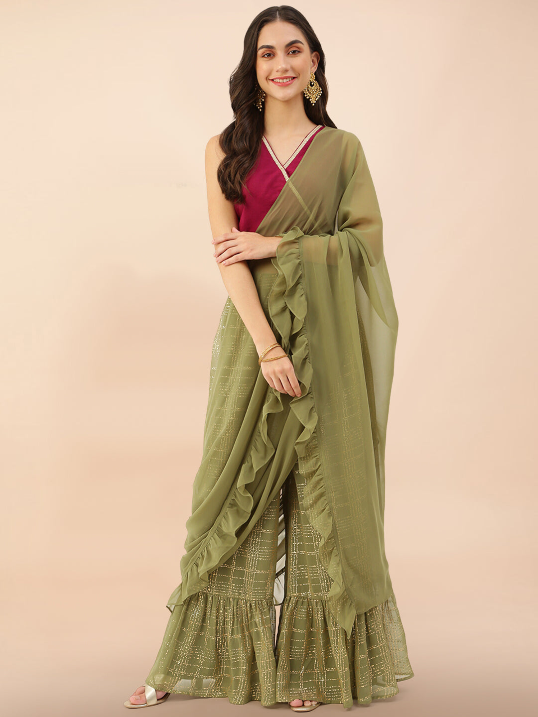 P.GREEN V-NECK SQUARE NECK ANKLE LENGTH GEORGETTE SAREE SET - The Fab Factory
