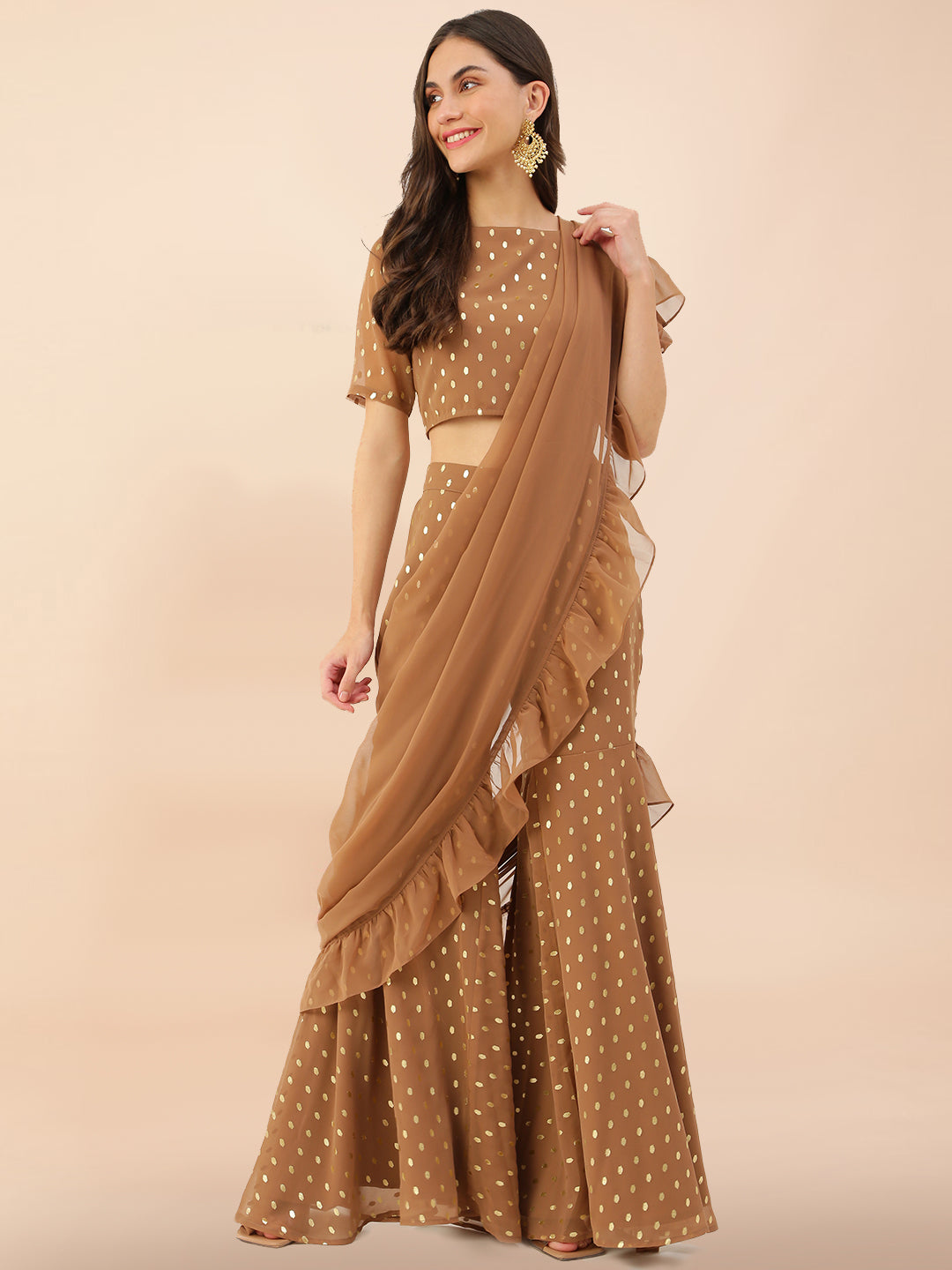 D.ROSE ROUND NECK SQUARE NECK ANKLE LENGTH GEORGETTE SAREE SET - The Fab Factory