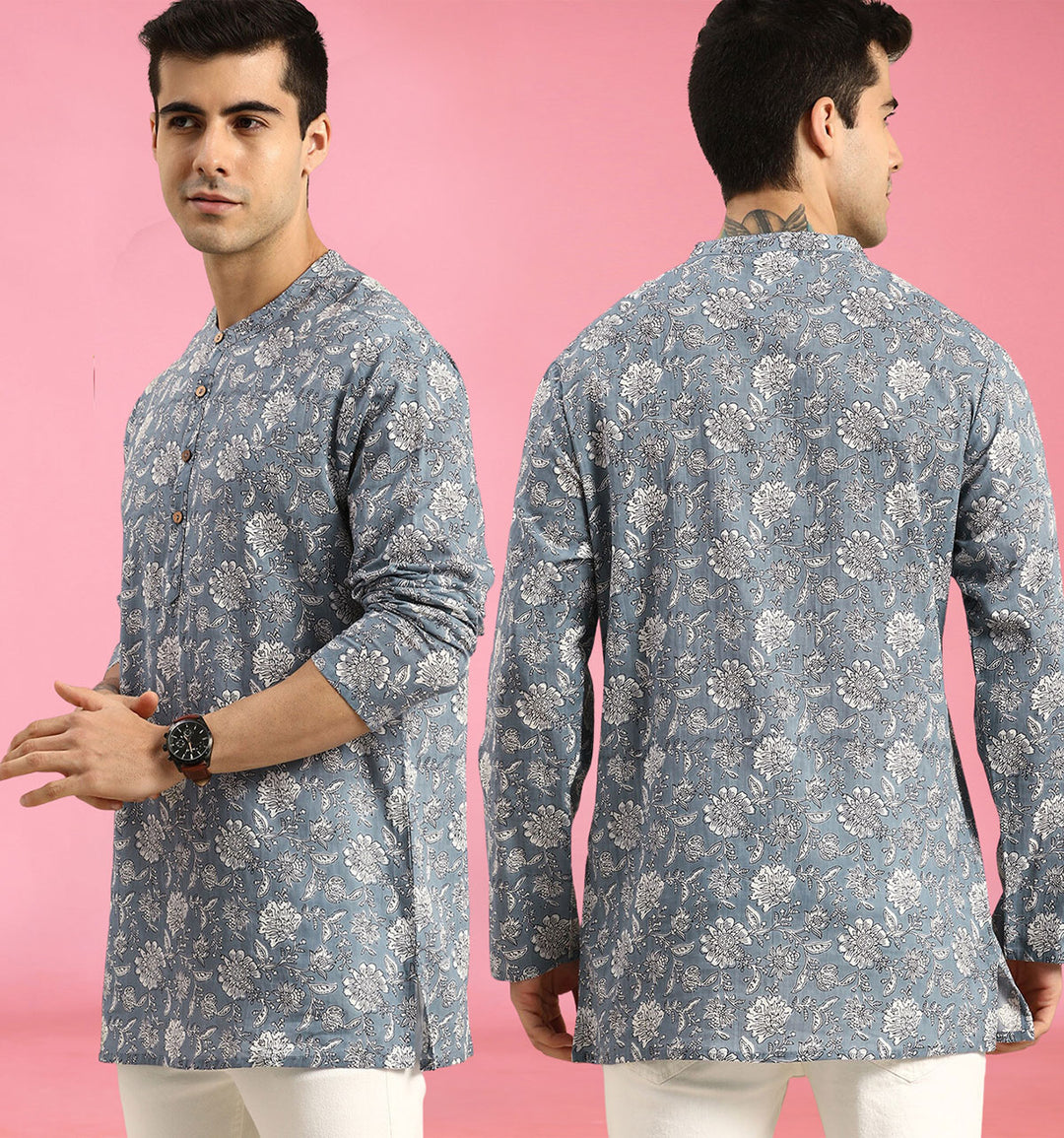 Blue Band Collar Rayon Straight Short Kurta - The Fab Factory