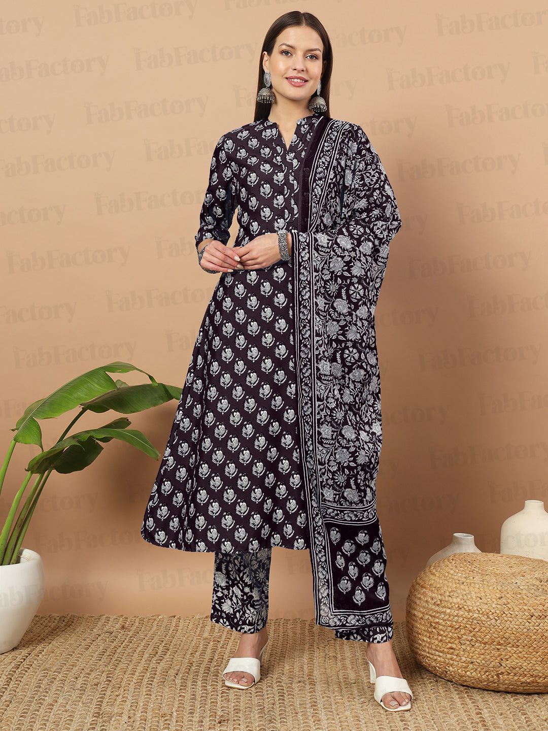 Wine Collar Neck Printed Poly Rayon Kurta, Pant & Dupatta - The Fab Factory