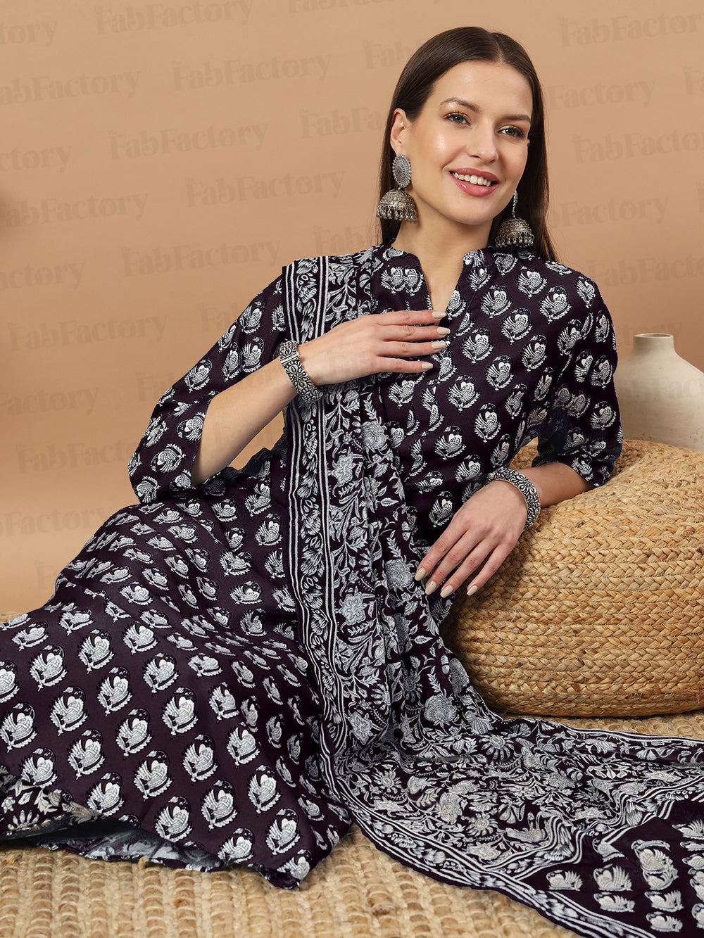 Wine Collar Neck Printed Poly Rayon Kurta, Pant & Dupatta - The Fab Factory