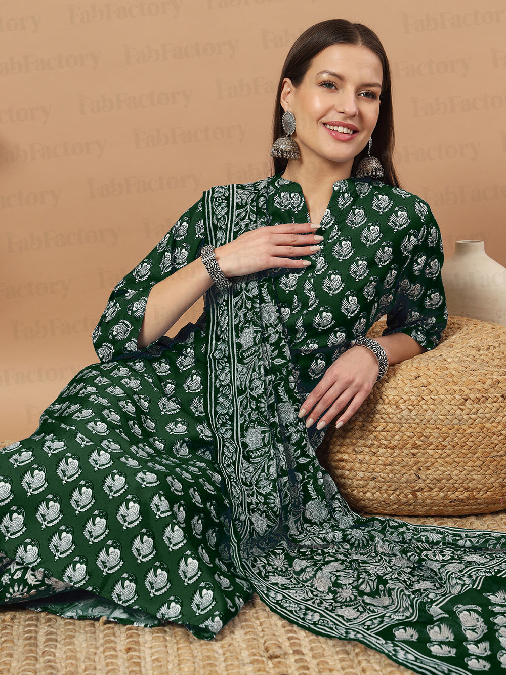 B.Green Collar Neck Printed Poly Rayon Kurta, Pant & Dupatta - The Fab Factory