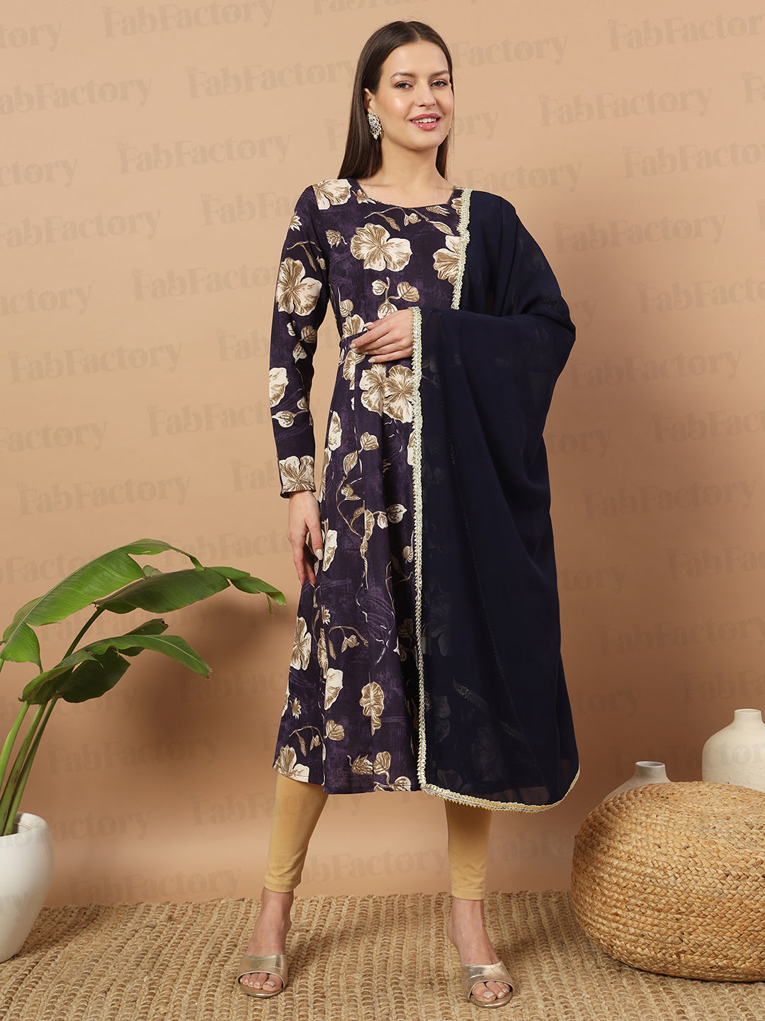 Blue Round Neck Floral Print Poly Rayon Kurta Sets - The Fab Factory