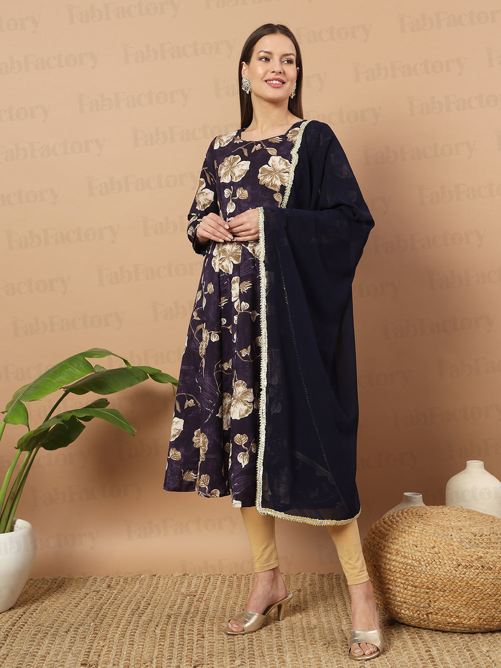 Blue Round Neck Floral Print Poly Rayon Kurta Sets - The Fab Factory