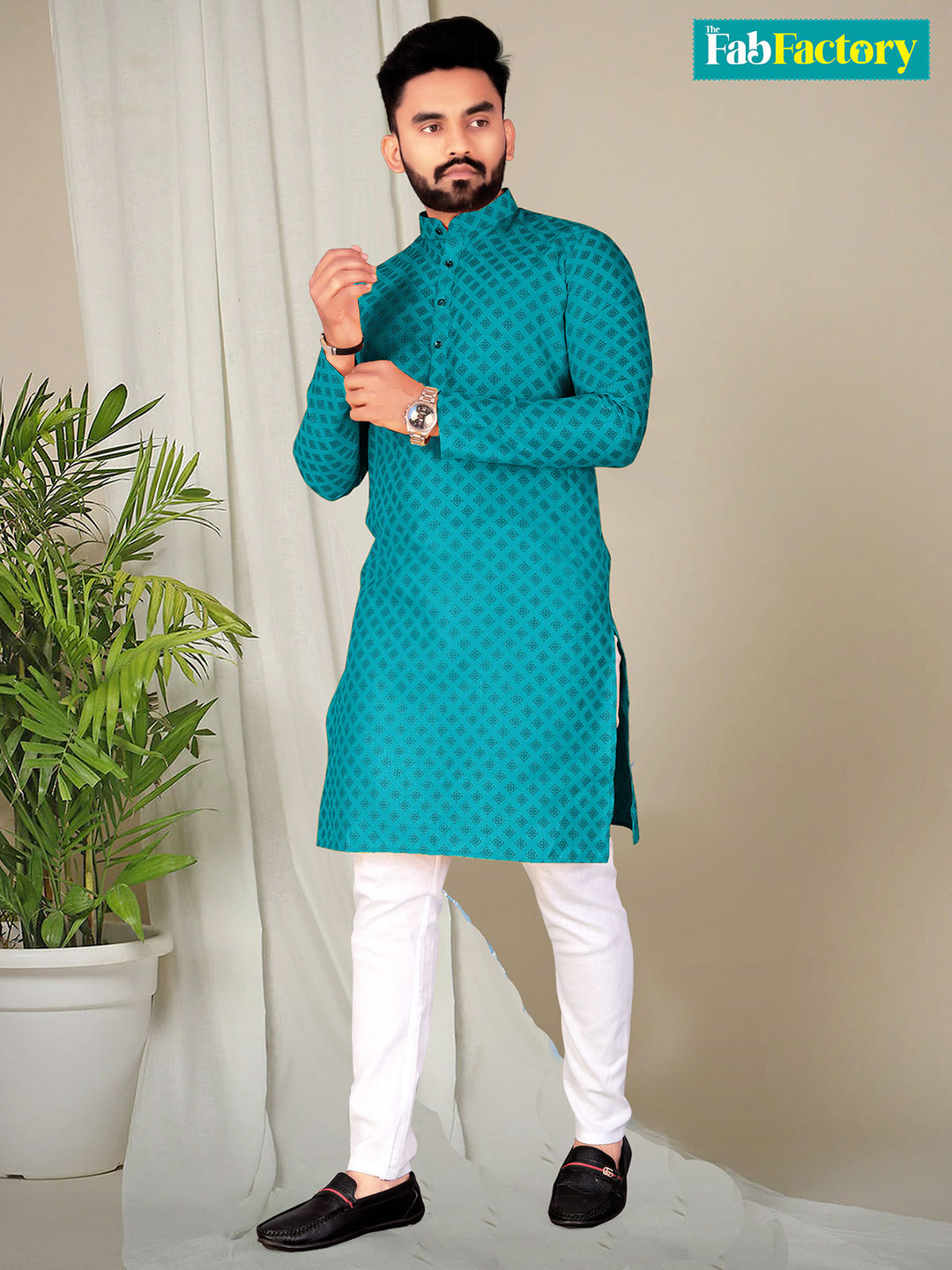 Blue Band Collar Rayon Straight Long Kurta - The Fab Factory