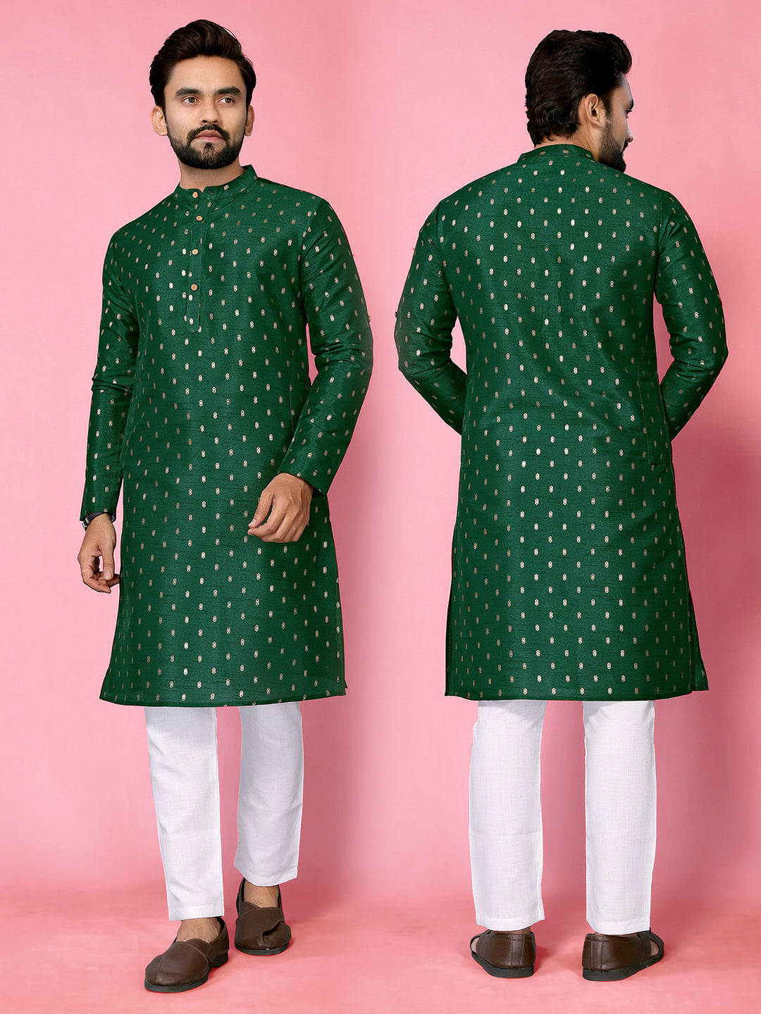 B.Green Band Collar Silk Blend  Straight Long Kurta - The Fab Factory