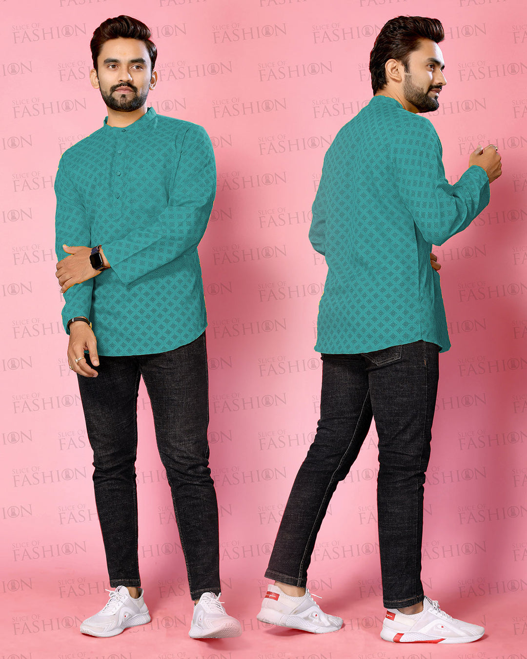 Blue Band Collar Rayon Short Kurta - The Fab Factory