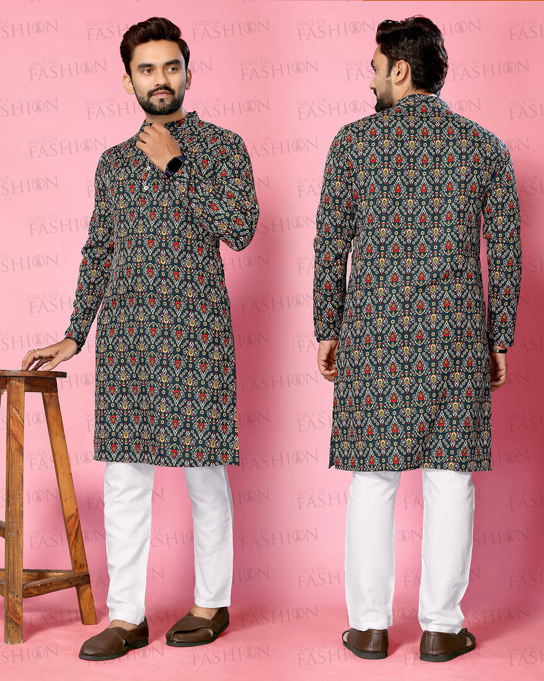 B.Green Band Collar Crepe Straight Long Kurta - The Fab Factory