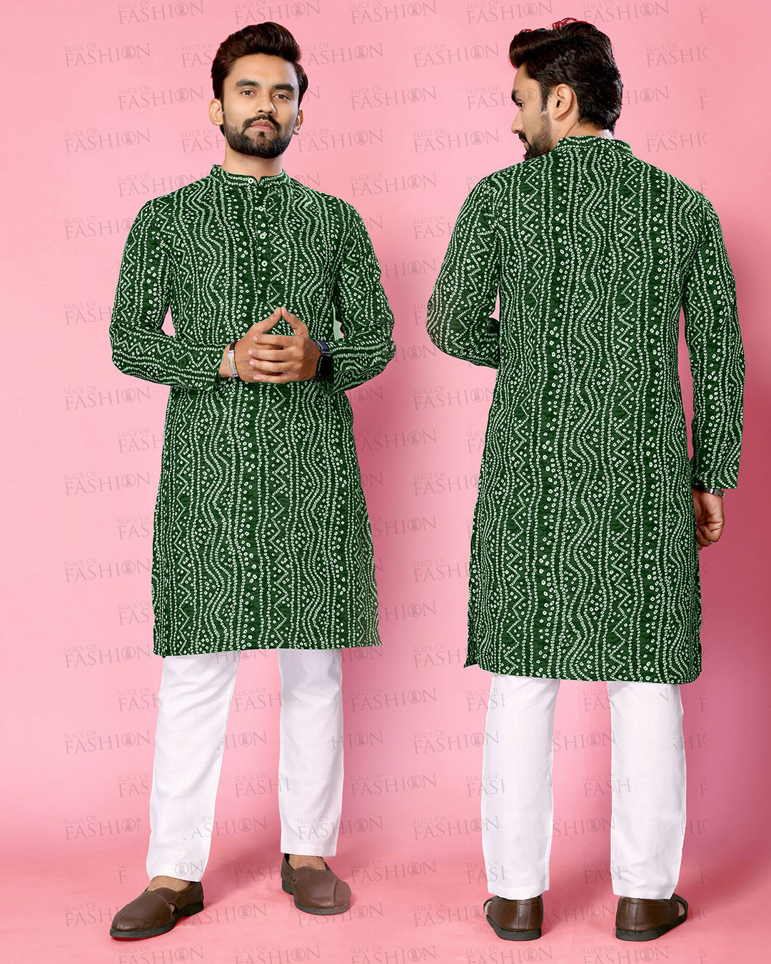 B.Green Band Collar Crepe Straight Long Kurta - The Fab Factory