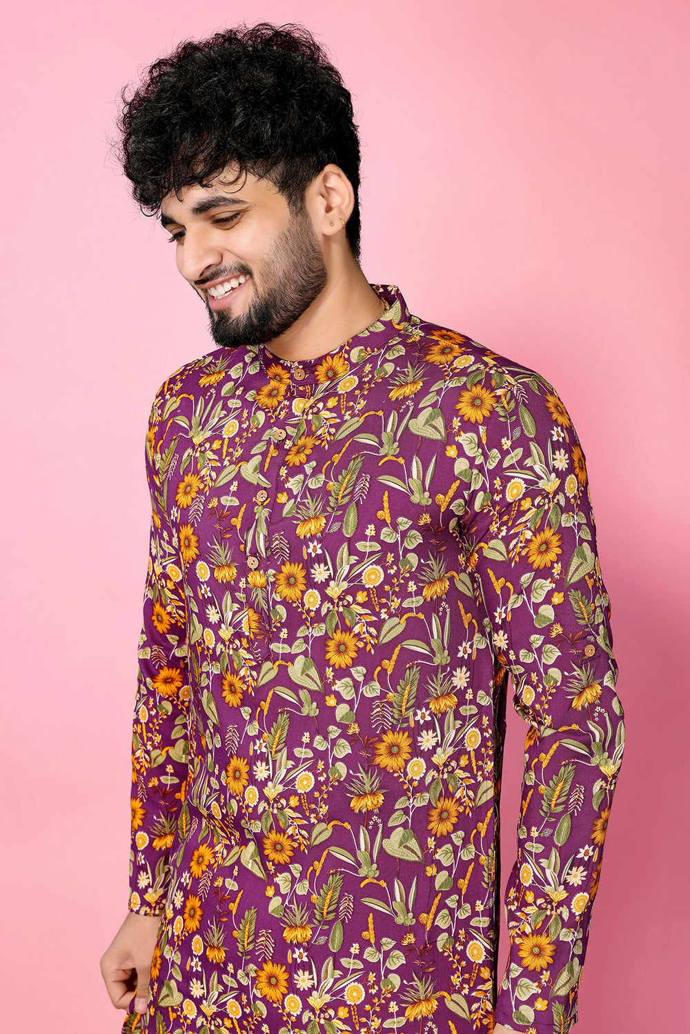 Wine Band Collar Rayon Straight Long Kurta - The Fab Factory