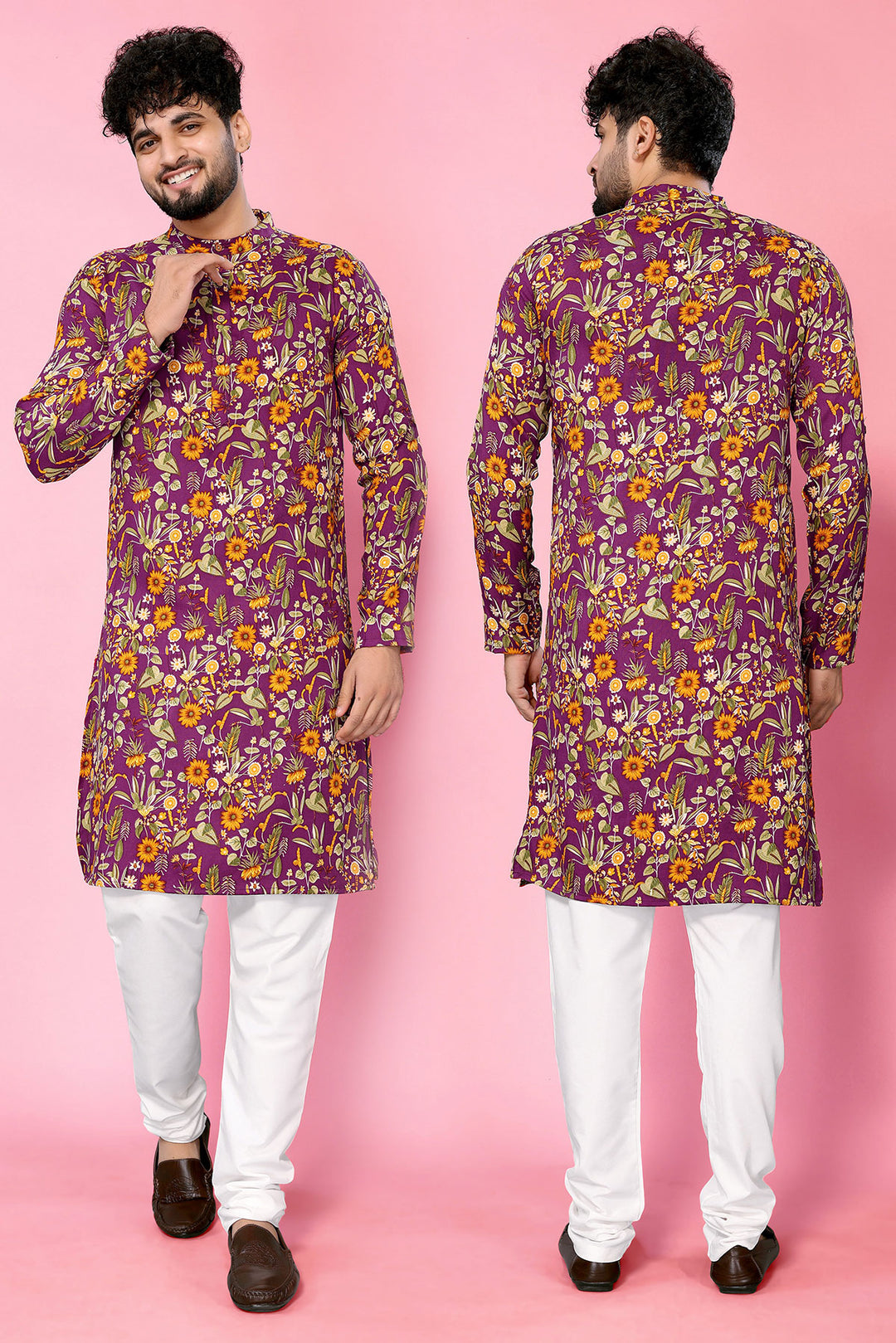 Wine Band Collar Rayon Straight Long Kurta - The Fab Factory