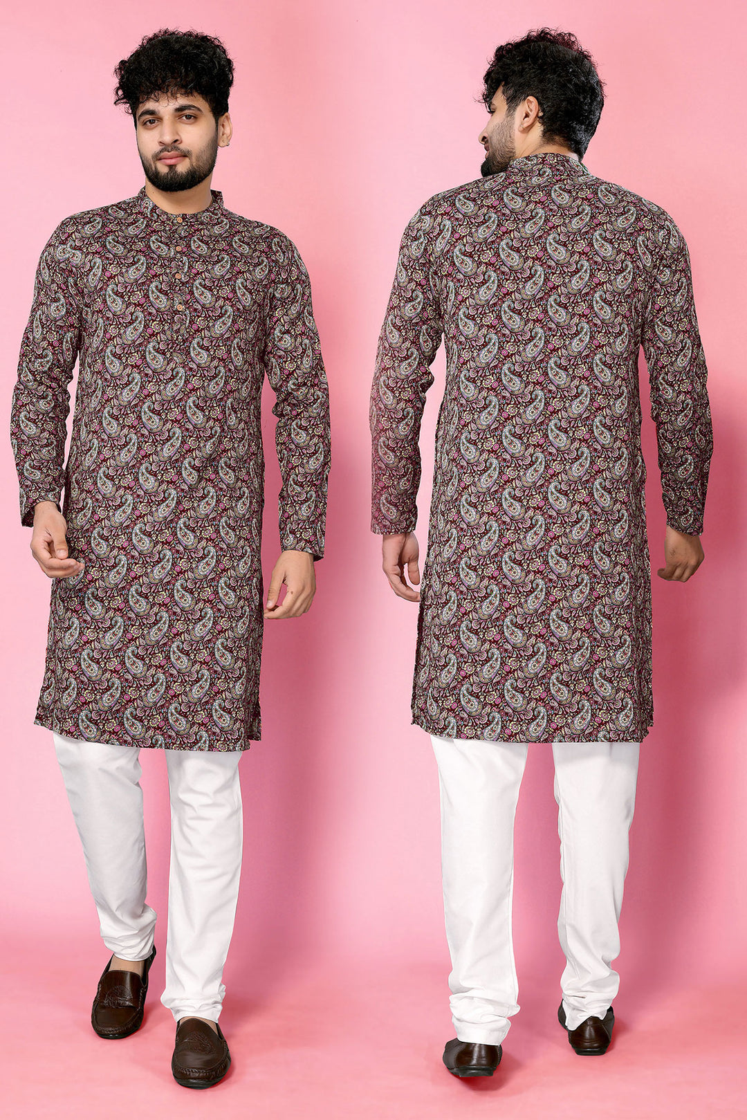 Wine Band Collar Crepe Straight Long Kurta - The Fab Factory