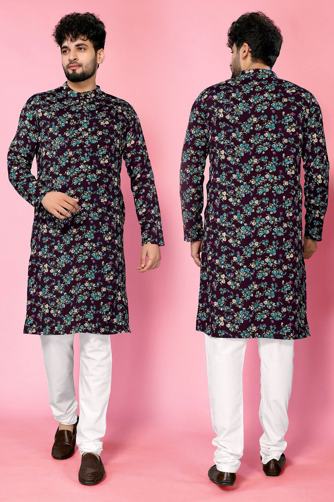 Wine Band Collar Crepe Straight Long Kurta - The Fab Factory