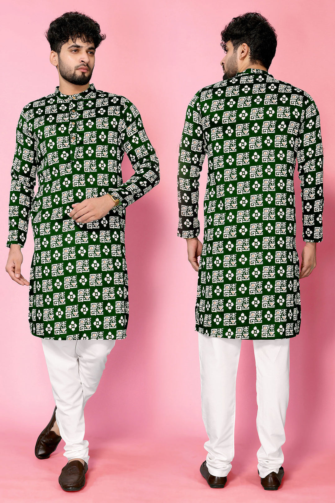 B.Green Band Collar Crepe Straight Long Kurta - The Fab Factory