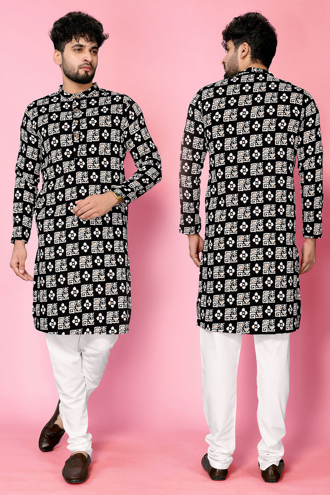 Black Band Collar Crepe Straight Long Kurta - The Fab Factory