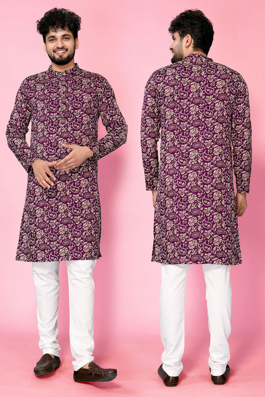 Wine Band Collar Crepe Straight Long Kurta - The Fab Factory