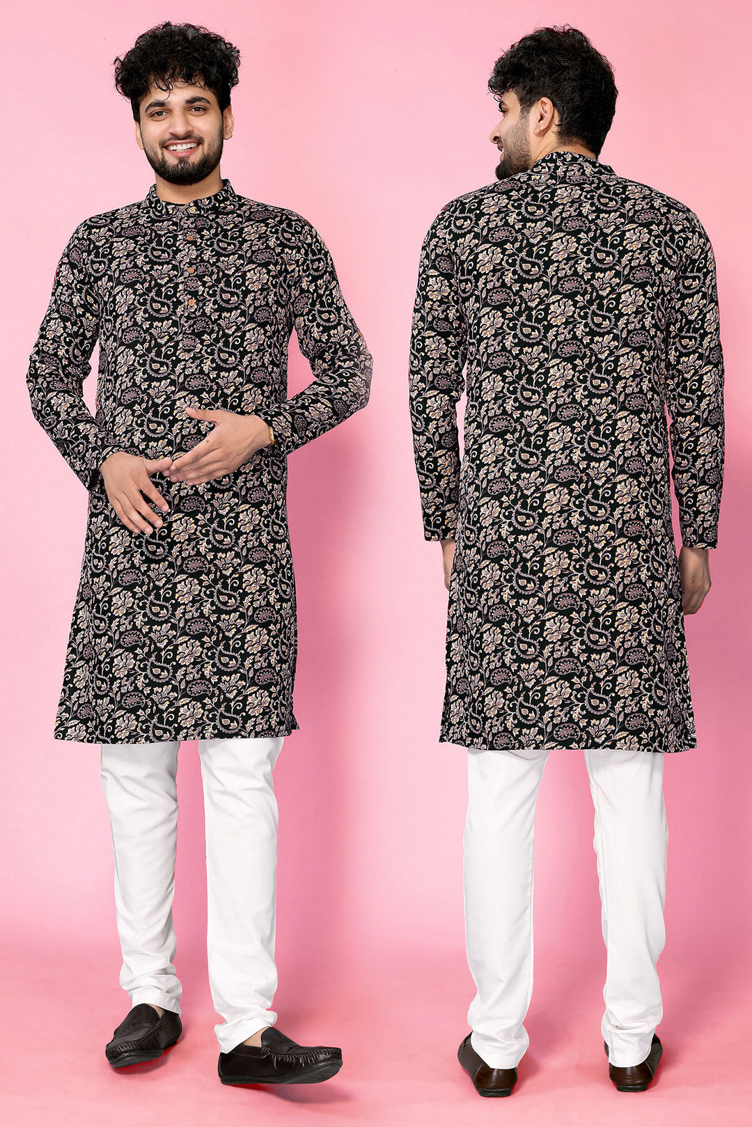 Black Band Collar Crepe Straight Long Kurta - The Fab Factory