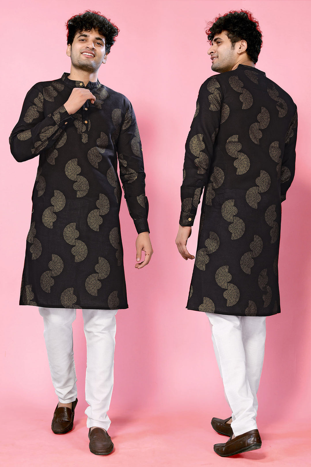 Black Band Collar Poly Cotton Straight Long Kurta - The Fab Factory