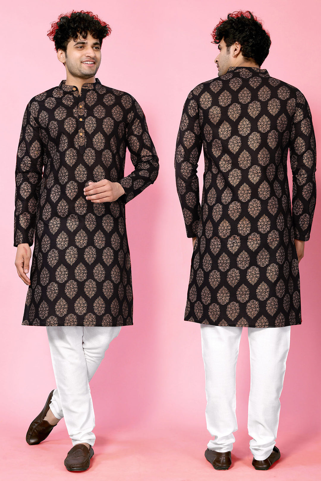 Black Band Collar Poly Cotton Straight Long Kurta - The Fab Factory