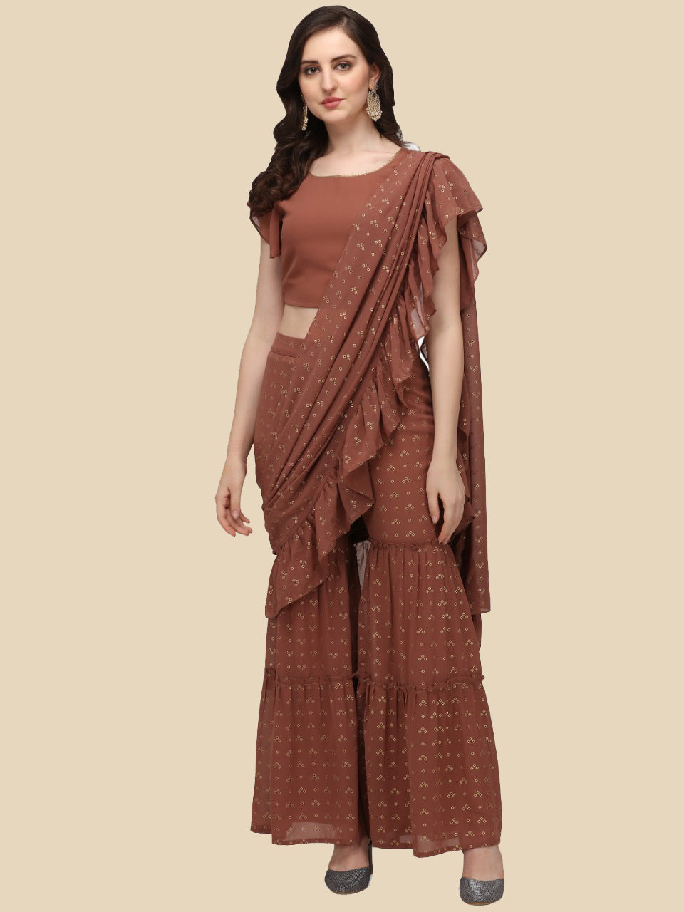 D.ROSE ROUND NECK  ANKLE LENGTH GEORGETTE SAREE SET - The Fab Factory