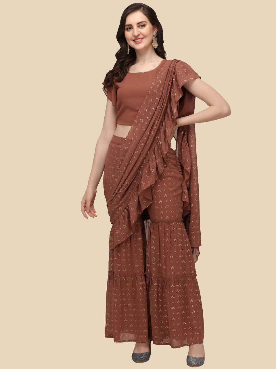 D.ROSE ROUND NECK  ANKLE LENGTH GEORGETTE SAREE SET - The Fab Factory