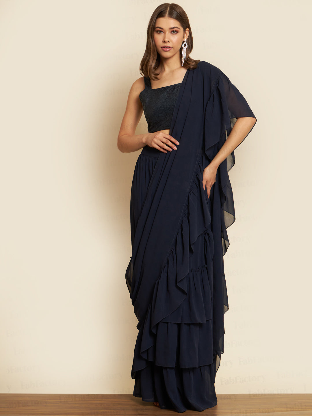 N.BLUE SQUARE NECK SQUARE NECK ANKLE LENGTH GEORGETTE SAREE SET - The Fab Factory