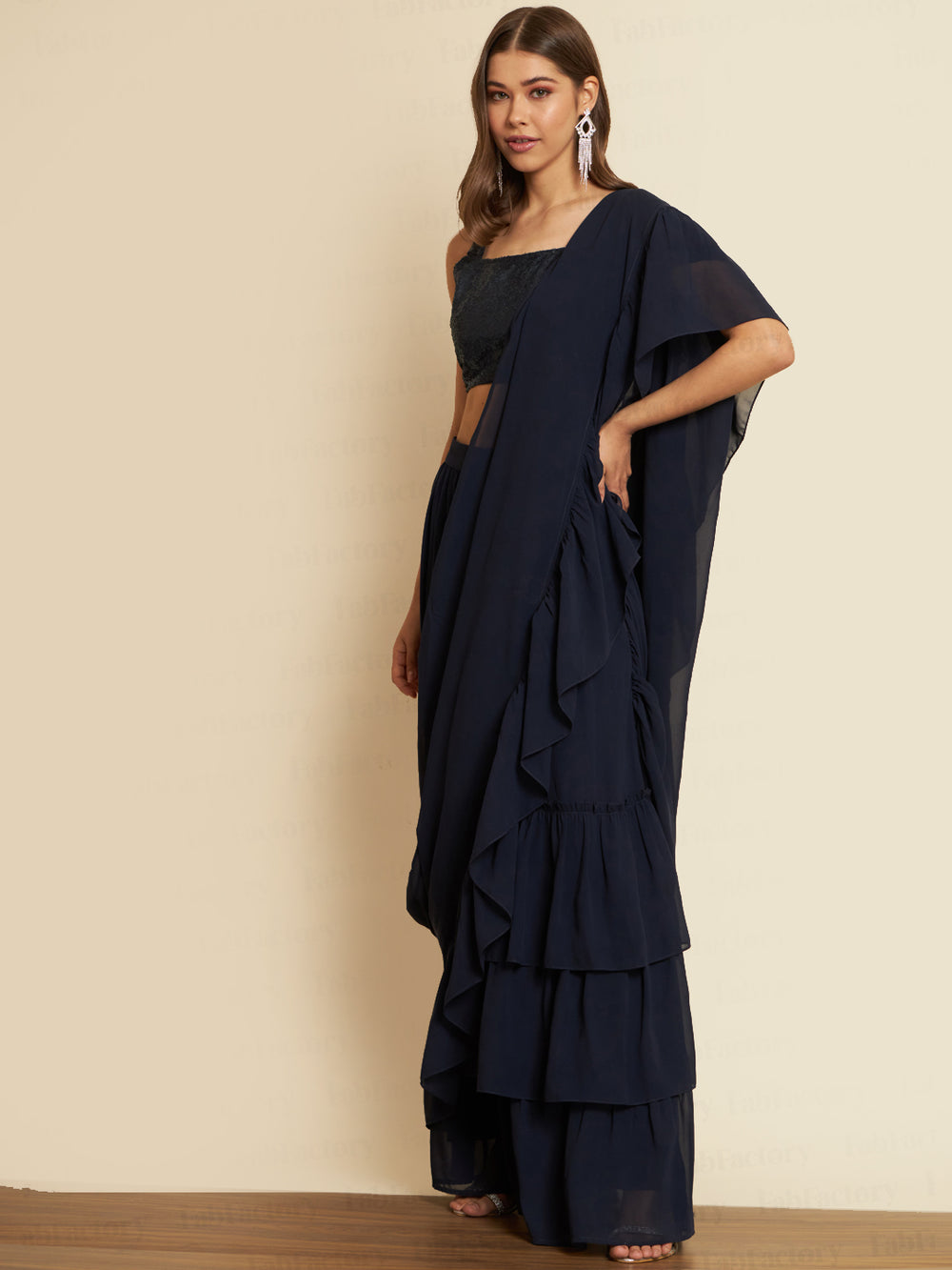 N.BLUE SQUARE NECK SQUARE NECK ANKLE LENGTH GEORGETTE SAREE SET - The Fab Factory