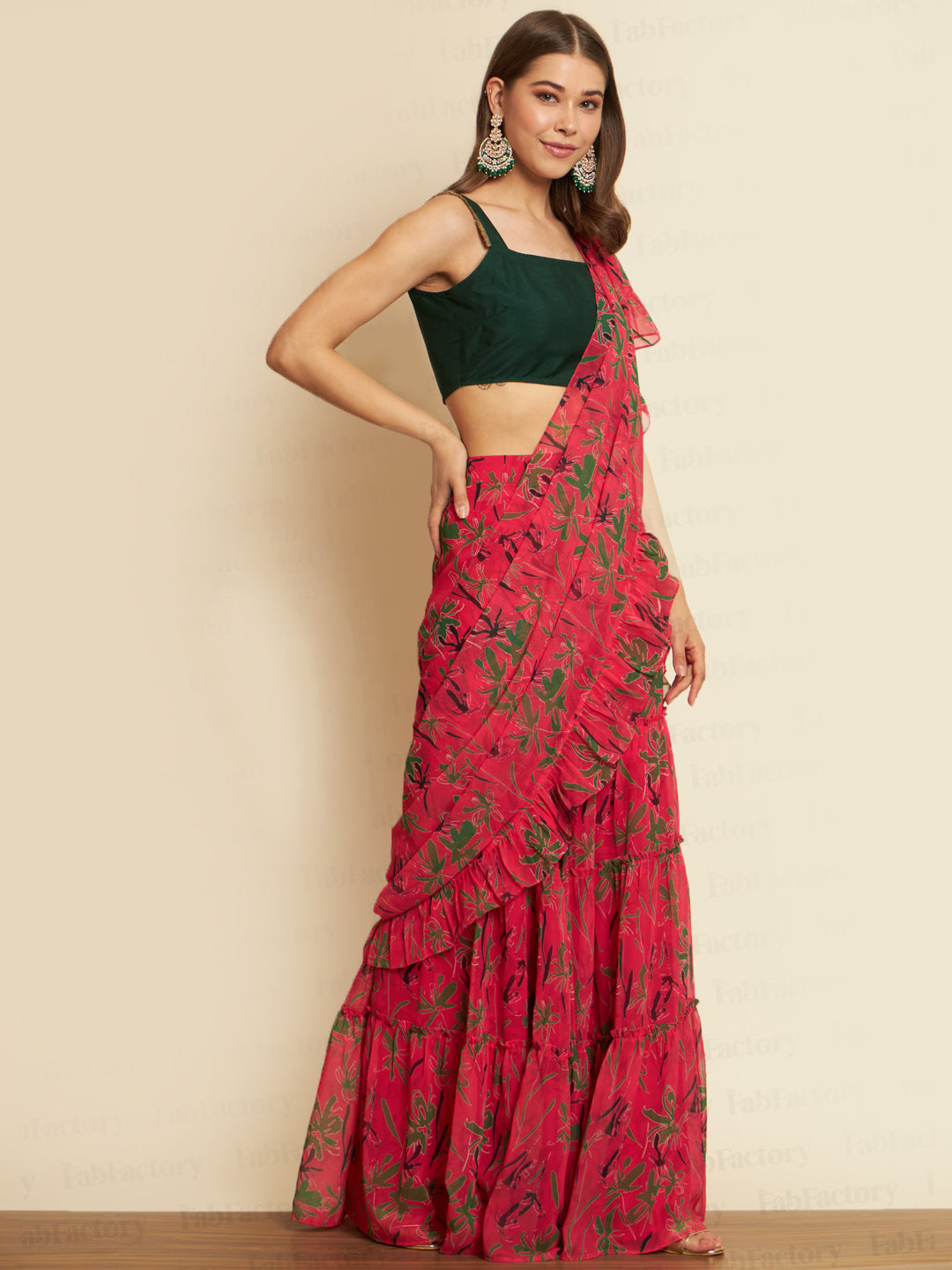 RUST SQUARE NECK  ANKLE LENGTH GEORGETTE SAREE SET - The Fab Factory