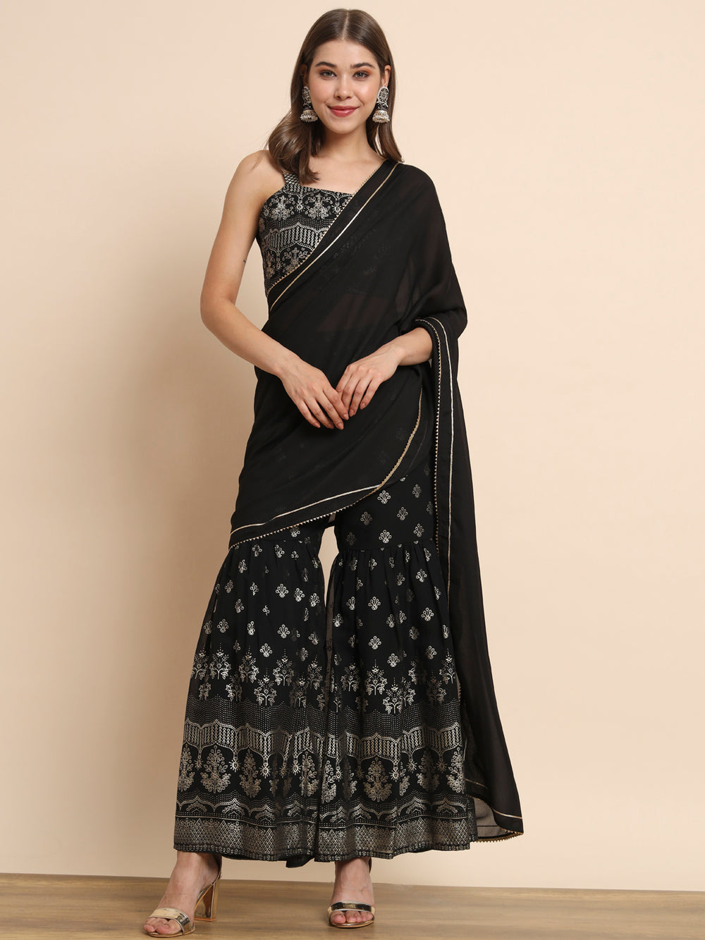 Black Round Neck Ankle Length Georgette Saree Set - The Fab Factory