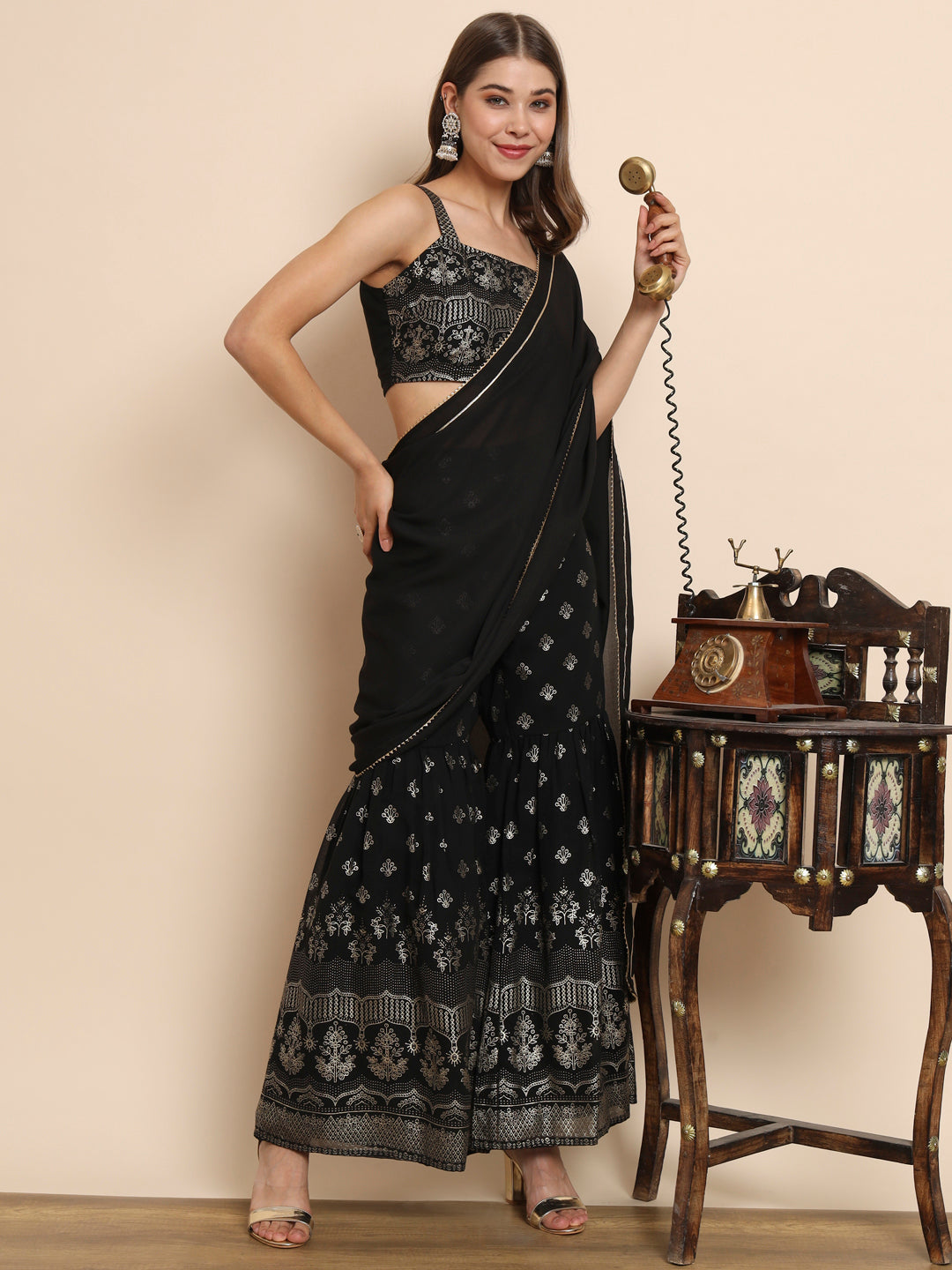 Black Round Neck Ankle Length Georgette Saree Set - The Fab Factory