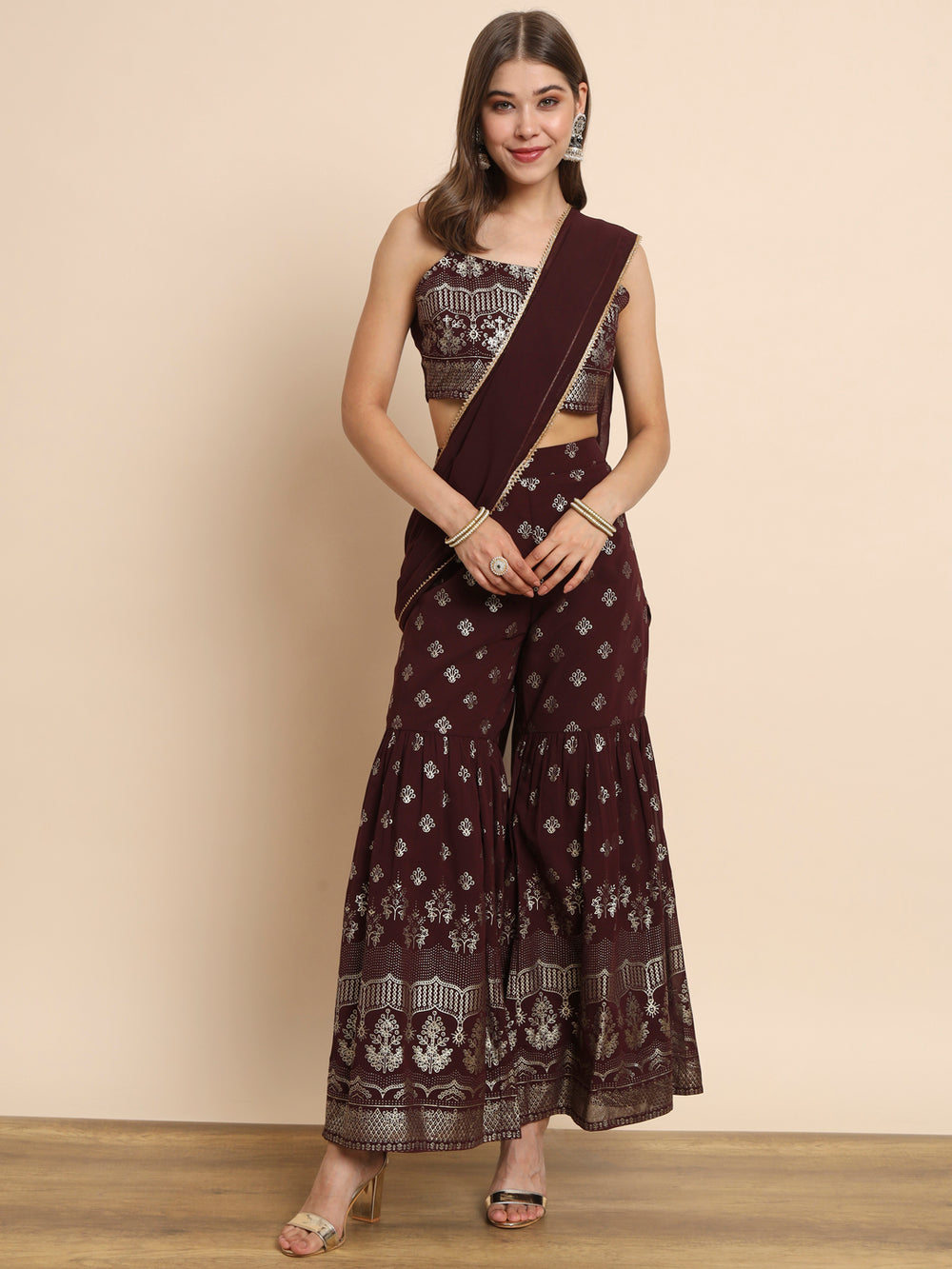 Coffee Round Neck Ankle Length Georgette Saree Set - The Fab Factory