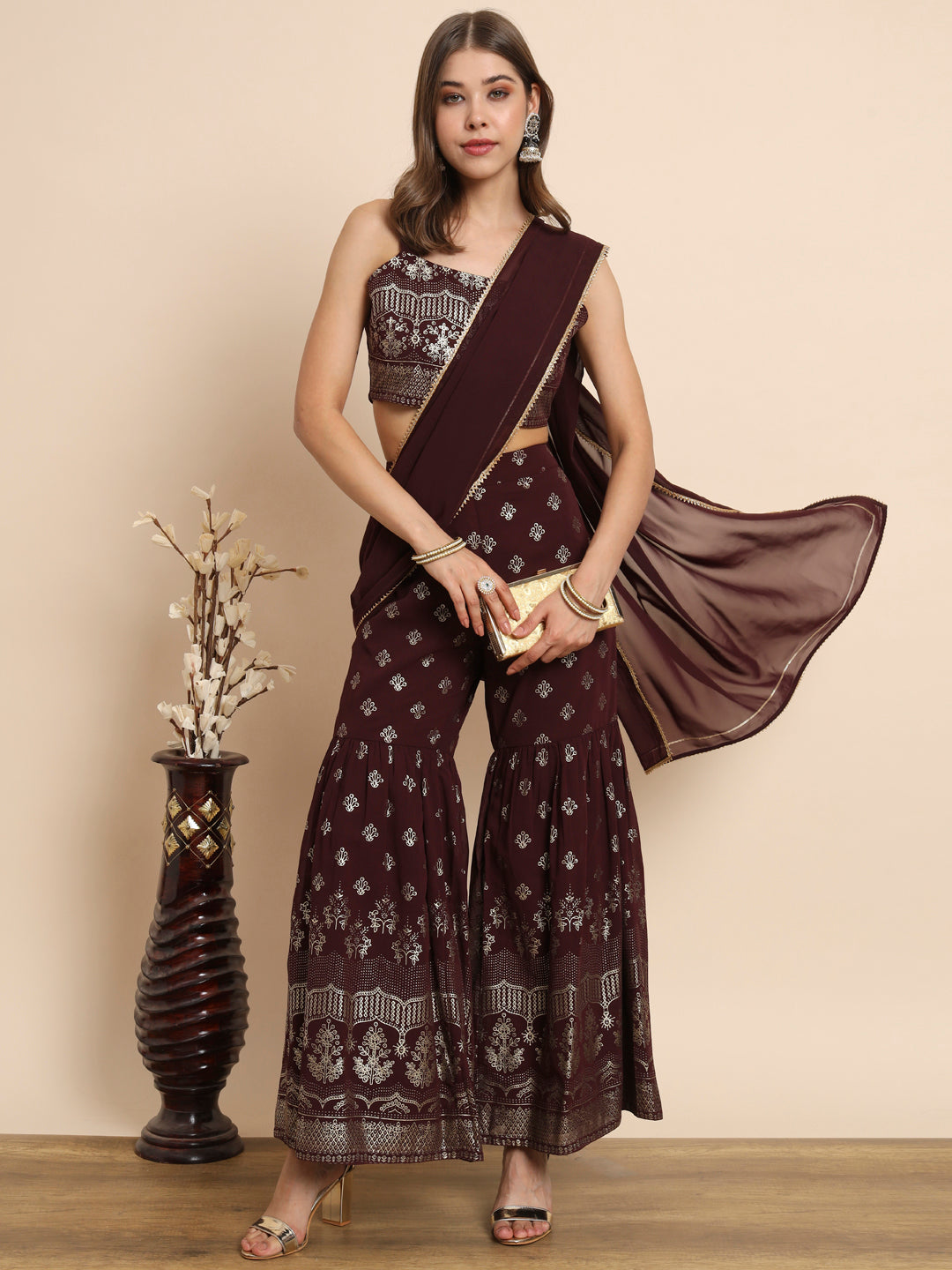 Coffee Round Neck Ankle Length Georgette Saree Set - The Fab Factory