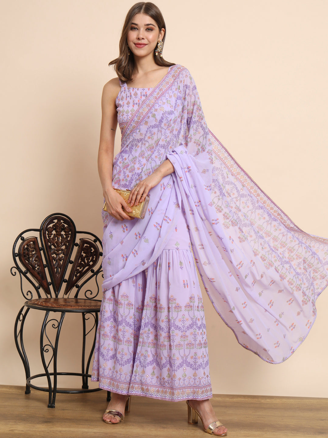 Lavender Round Neck Ankle Length Georgette Saree Set - The Fab Factory
