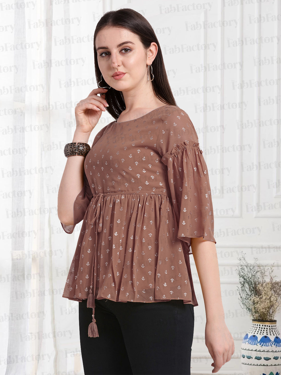 Dusty Rose Round Neck Georgette/Crepe Only Top - The Fab Factory