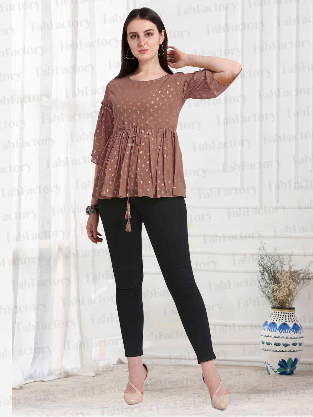 Dusty Rose Round Neck Georgette/Crepe Only Top - The Fab Factory