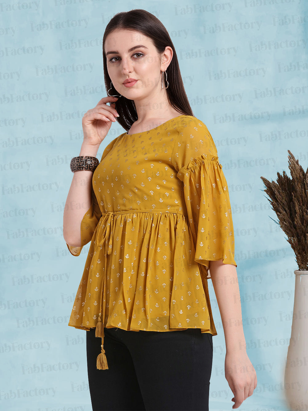 Mustard Round Neck Georgette/Crepe Only Top - The Fab Factory