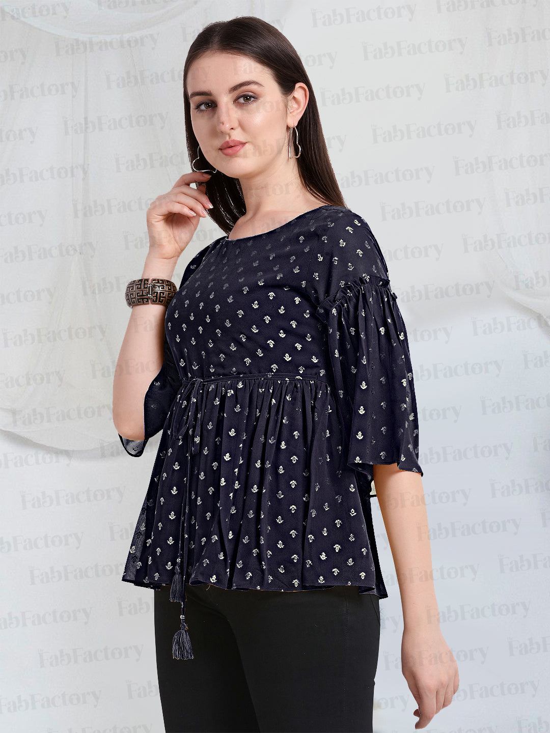 Navy Blue Round Neck Georgette/Crepe Only Top - The Fab Factory
