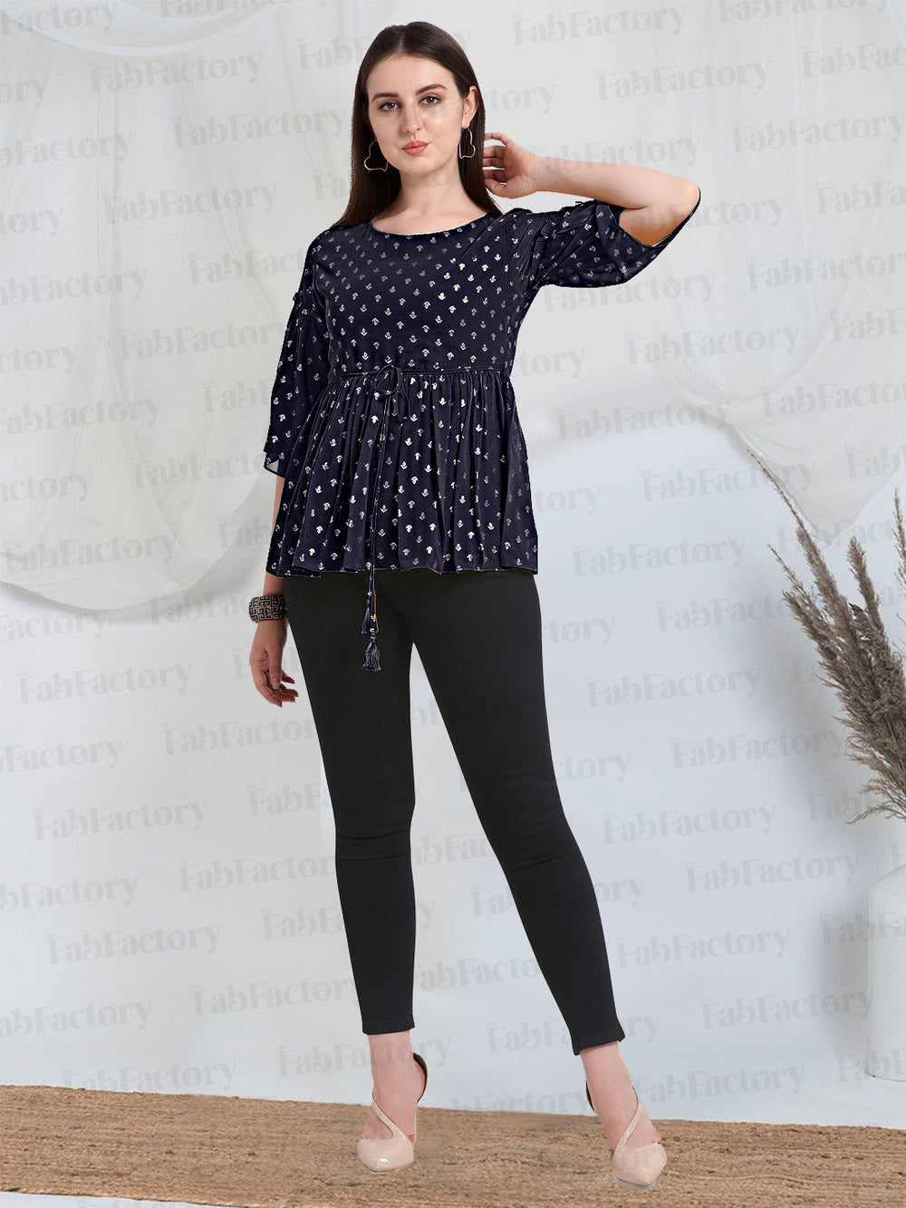 Navy Blue Round Neck Georgette/Crepe Only Top - The Fab Factory