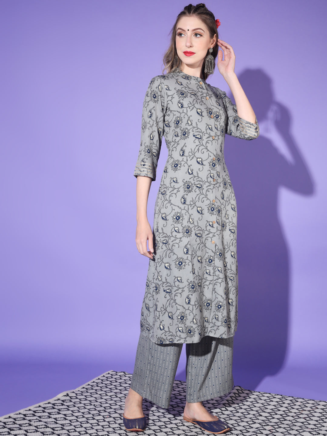 Grey Collar Neck Kurta Sets The Fab Factory